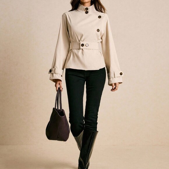 Beige Casual Women's Stand Collar Long Sleeve Trench Coat - Picture 6 of 8